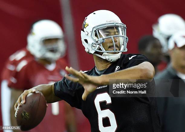 Logan Thomas of the Arizona Cardinals throws a pass during a Rookie Minicamp practice on May 23, 2014 in Tempe, Arizona.