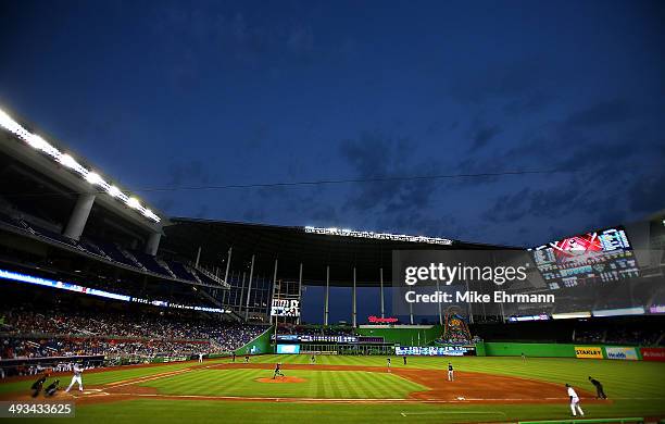 Marco Estrada of the Milwaukee Brewers pitches during a game against the Miami Marlins at Marlins Park on May 23, 2014 in Miami, Florida.