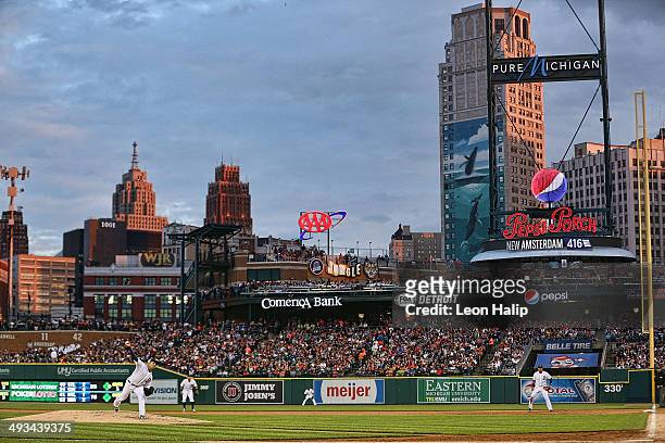 Anibal Sanchez of the Detroit Tigers pitches during the fifth inning of the game against the Texas Rangers at Comerica Park on May 23, 2014 in...