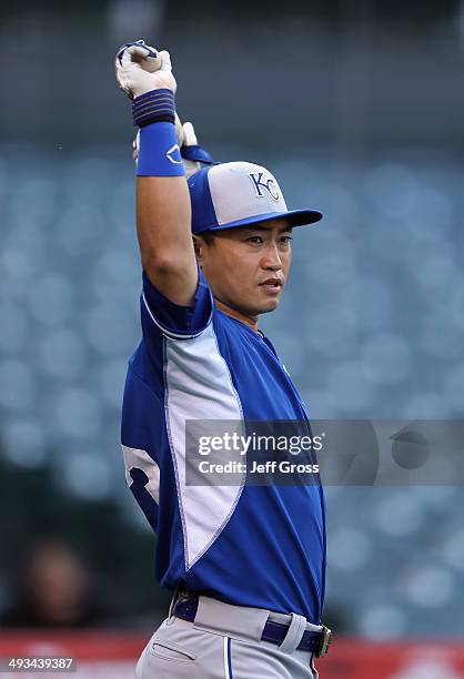 Norichika Aoki of the Kansas City Royals stretches during batting practice prior to the start of the game against the Los Angeles Angels of Anaheim...