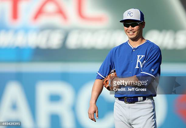 Norichika Aoki of the Kansas City Royals looks on in the outfield during batting practice prior to the start of the game against the Los Angeles...