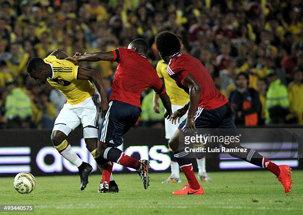 Jackson Martinez and Victor Ibarbo of Colombian national team struggle for the ball during the Colombia Farewell Ahead of FIFA World Cup Brazil 2014...