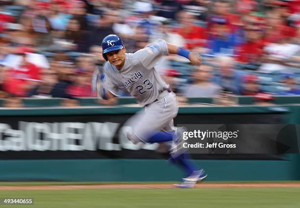 Norichika Aoki of the Kansas City Royals steals second base against the Los Angeles Angels of Anaheim in the first inning at Angel Stadium of Anaheim...