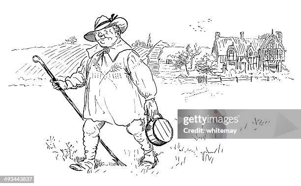 old fashioned farmer in a smock - overweight walking stock illustrations
