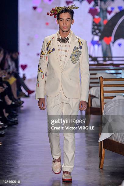 Model walks the runway at the Ronaldo Fraga during the Sao Paulo Fashion Week Fall/Winter 2016 on October 19, 2015 in Sao Paulo, Brazil.