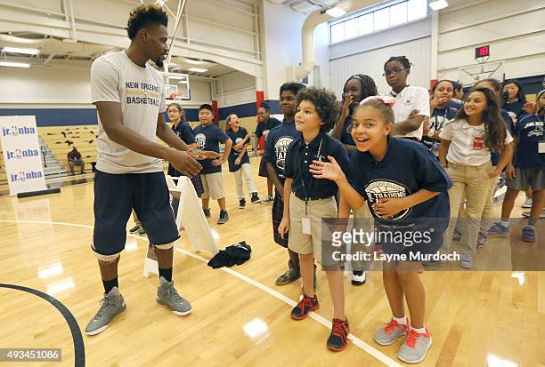 Jeff Adrian of the New Orleans Pelicans participates in an NBA Kid Fit Clinic on October 6, 2015 at the New Orleans Pelicans Practice Facility in...