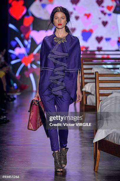 Model walks the runway at the Ronaldo Fraga during the Sao Paulo Fashion Week Fall/Winter 2016 on October 19, 2015 in Sao Paulo, Brazil.