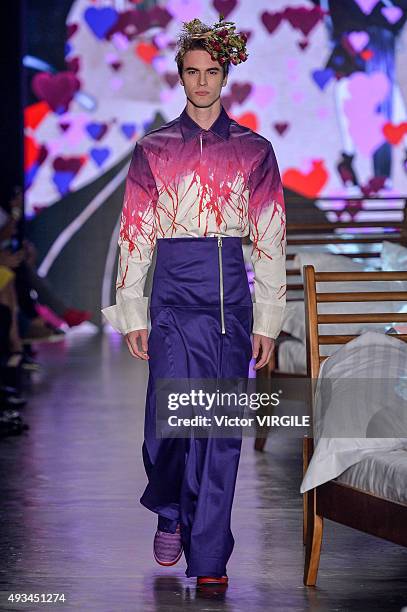 Model walks the runway at the Ronaldo Fraga during the Sao Paulo Fashion Week Fall/Winter 2016 on October 19, 2015 in Sao Paulo, Brazil.