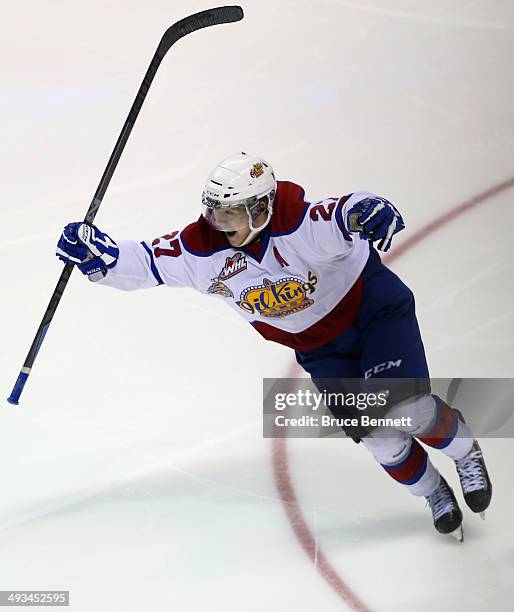 Curtis Lazar of the Edmonton Oil Kings celebrates his game winning goal at 2:42 of the third overtime against the Val-d'Or Foreurs during the 2014...