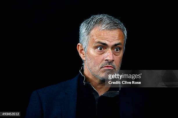 Jose Mourinho of Chelsea looks on prior to kick off during the UEFA Champions League Group G match between FC Dynamo Kyiv and Chelsea at the Olympic...