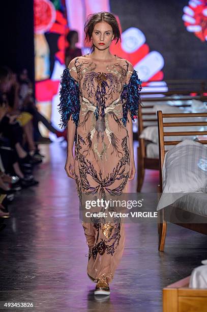 Model walks the runway at the Ronaldo Fraga during the Sao Paulo Fashion Week Fall/Winter 2016 on October 19, 2015 in Sao Paulo, Brazil.