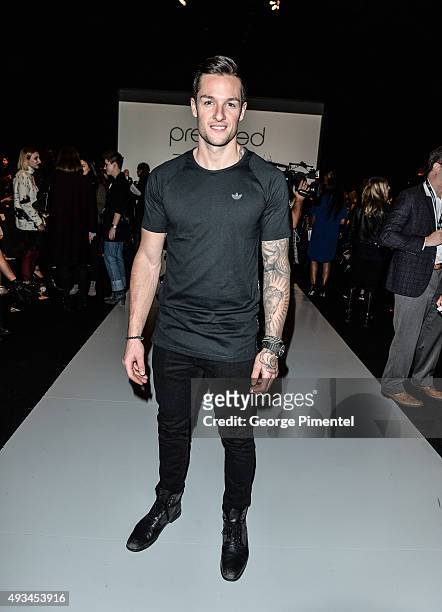 Toronto Maple Leaf Hockey player Jonathan Bernier attends day 1 of World MasterCard Fashion Week Spring 2016 Collections at David Pecaut Square on...