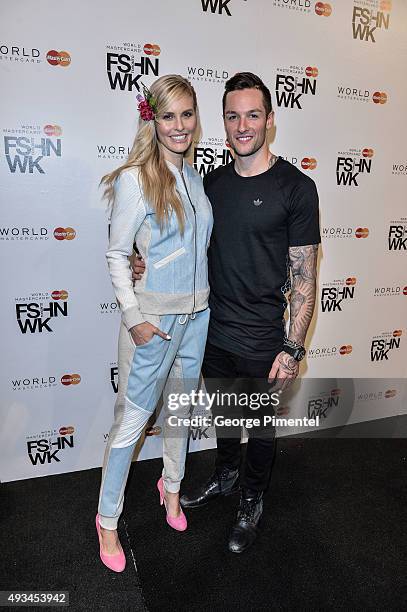 Martine Forget and Toronto Maple Leaf Hockey player Jonathan Bernier attend Day 1 of World MasterCard Fashion Week Spring 2016 Collections at David...