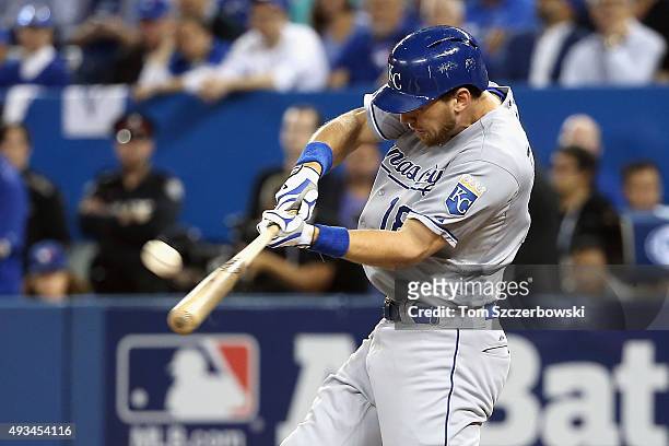 Ben Zobrist of the Kansas City Royals hits a two-run home run in the first inning against the Toronto Blue Jays during game four of the American...