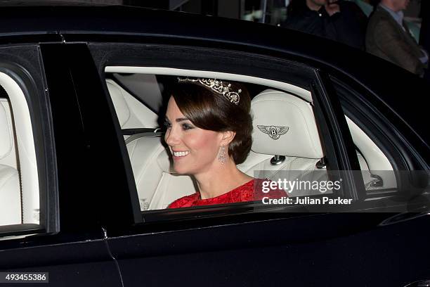 Catherine, Duchess of Cambridge leaves Kensington Palace, for Buckingham Palace to attend a State Banquet to honour the State Visit by China's...