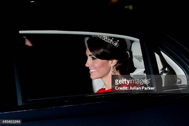 Catherine, Duchess of Cambridge leaves Kensington Palace, for Buckingham Palace to attend a State Banquet to honour the State Visit by China's...