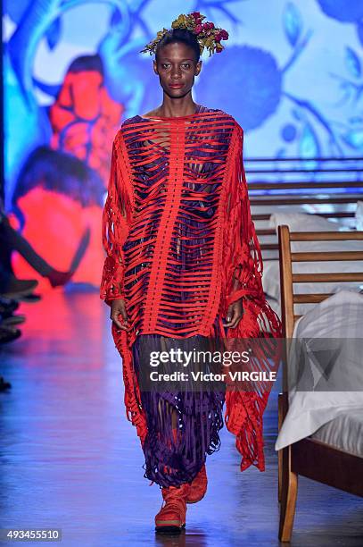 Model walks the runway at the Ronaldo Fraga during the Sao Paulo Fashion Week Fall/Winter 2016 on October 19, 2015 in Sao Paulo, Brazil.