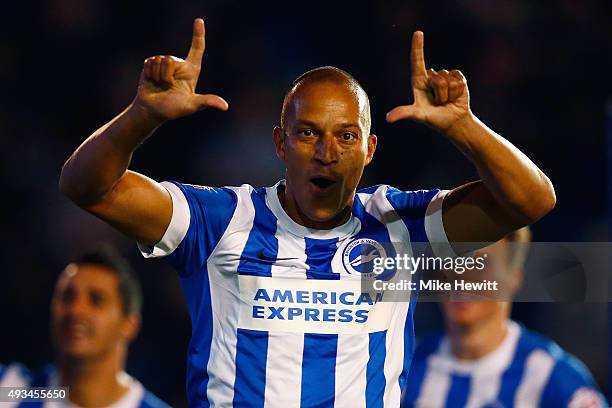 Bobby Zamora of Brighton celebrates after scoring the winner during the Sky Bet Championship match between Brighton & Hove Albion and Bristol City at...