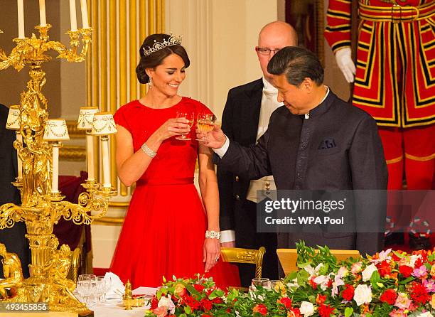 Chinese President Xi Jinping and Catherine, Duchess of Cambridge attend a state banquet at Buckingham Palace on October 20, 2015 in London, England....