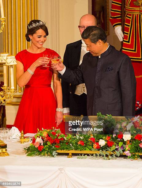Chinese President Xi Jinping and Catherine, Duchess of Cambridge attend a state banquet at Buckingham Palace on October 20, 2015 in London, England....