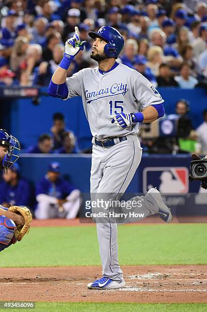 Alex Rios of the Kansas City Royals celebrates after hitting a solo home run in the second inning against the Toronto Blue Jays during game four of...