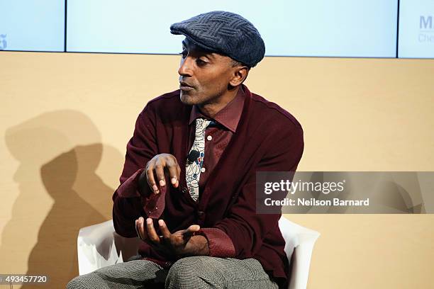 Marcus Samuelsson, chef and restaurateur speaks onstage at The New York Times Food For Tomorrow Conference 2015 at Stone Barns Center for Food &...