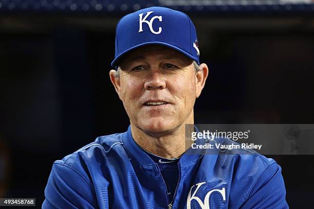Manager Ned Yost of the Kansas City Royals looks on prior to game four of the American League Championship Series between the Toronto Blue Jays and...
