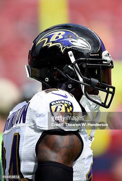 Kyle Arrington of the Baltimore Ravens looks on during pre-game warm ups prior to playing the San Francisco 49ers in an NFL game at Levi's Stadium on...