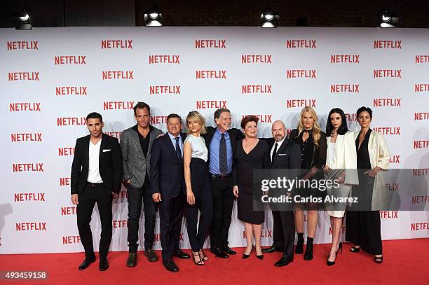 Actors Miguel Angel Silvestre, Will Arnet, Ted Sarandos, actress Taylor Schilling, Reed Hastings, actress Kate Mulgrew, Steven S. DeKnight and...