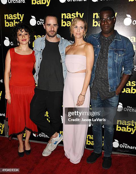 Alia Shawkat, Sebastian Silva, Kristen Wiig and Tunde Adebimpe attend the premiere of "Nasty Baby" at ArcLight Cinemas on October 19, 2015 in...