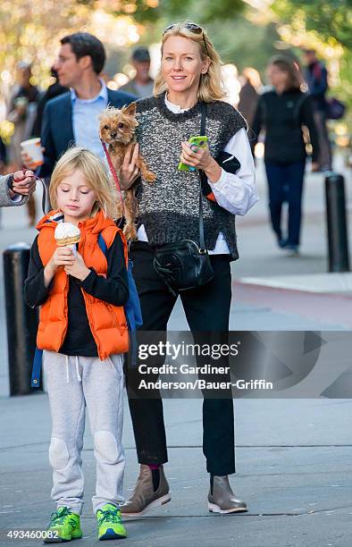 Naomi Watts, her son Samuel, and her Yorkshire Terrier Bob are seen on October 20, 2015 in New York City.