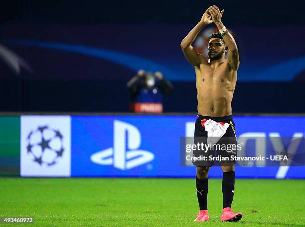 El Arabi Hilal Soudani of Dinamo Zagreb waves to the fans after the UEFA Champions League Group F match between Dinamo Zagreb and Olympiacos FC at...