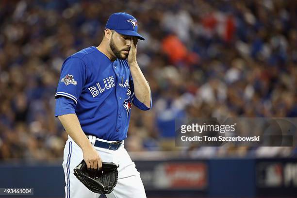 Ryan Tepera of the Toronto Blue Jays reacts after the seventh inning against the Kansas City Royals during game four of the American League...