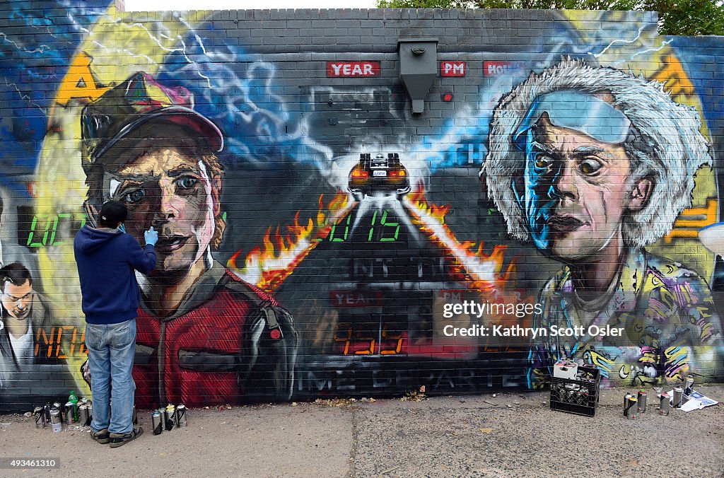Artists paint "Back to the Future Part ll" mural in Denver.