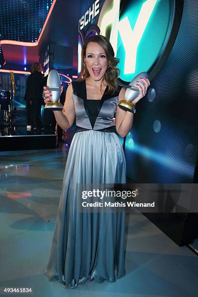 Carolin Kebekus poses with her award after the 19th Annual German Comedy Awards show at Coloneum on October 20, 2015 in Cologne, Germany.