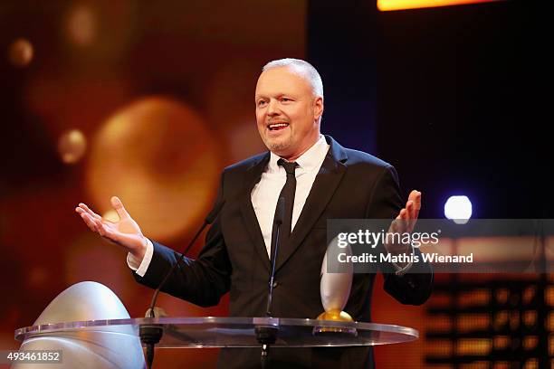 Stefan Raab speaks on stage after receiving the 'Ehrenpreis' at the 19th Annual German Comedy Awards at Coloneum on October 20, 2015 in Cologne,...