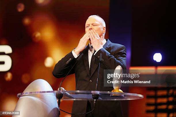 Stefan Raab speaks on stage after receiving the 'Ehrenpreis' at the 19th Annual German Comedy Awards at Coloneum on October 20, 2015 in Cologne,...