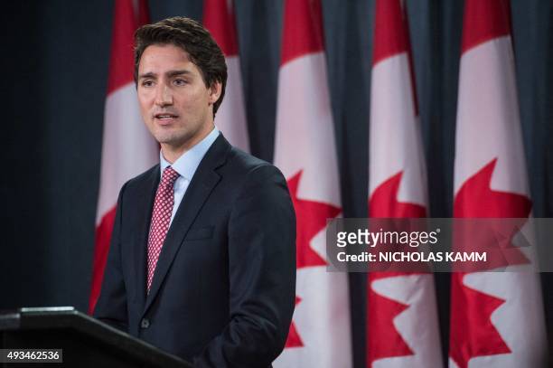 Canadian Liberal Party leader Justin Trudeau speaks at a press conference in Ottawa on October 20, 2015 after winning the general elections. Liberal...