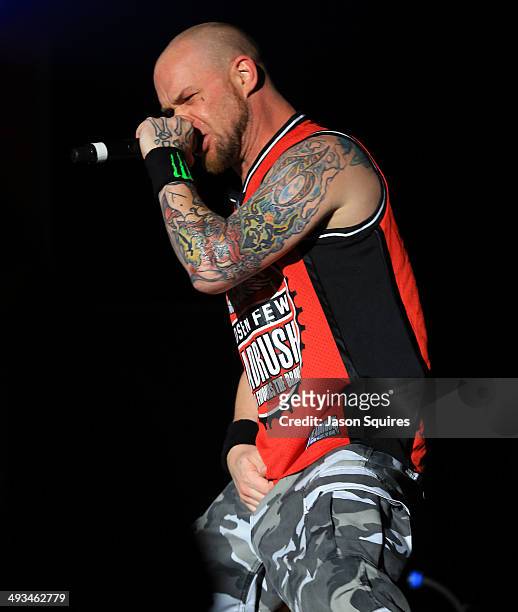 Musician Ivan Moody of Five Finger Death Punch peforms during Rocklahoma on May 23, 2014 in Pryor, Oklahoma.