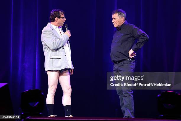 Actor François Rollin and Jean-Marie Bigard talk whyle the 'Bigard Fete Ses 60 Ans' One Man Show at Le Grand Rex on May 23, 2014 in Paris, France.