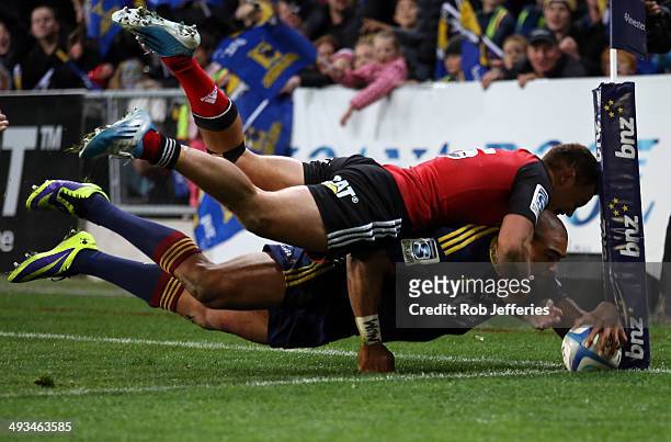 Patrick Osborne of the Highlanders scores a try that was disallowed during the round 15 Super Rugby match between the Highlanders and the Crusaders...