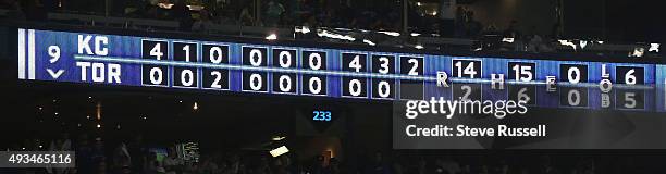 The scoreboard with one out left. The Toronto Blue Jays and the Kansas City Royals play game four of the MLB American League Championship Series at...