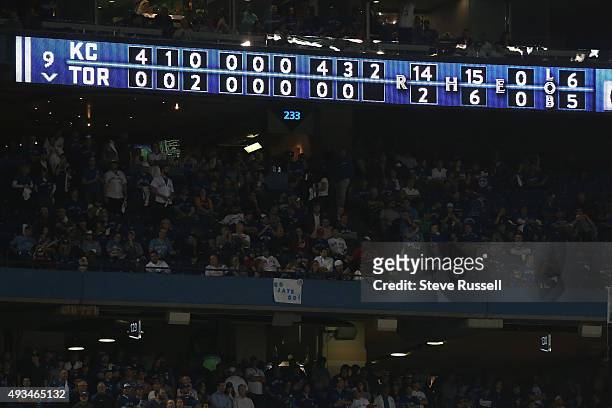The scoreboard with one out left. The Toronto Blue Jays and the Kansas City Royals play game four of the MLB American League Championship Series at...