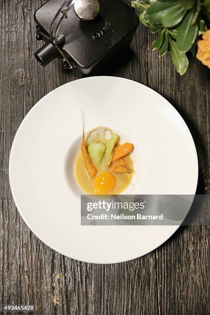 General view of Blue Hill at Stone Barns' Culled Chicken Broth In The Style Of A Pot-Au-Feu, farm egg from a scrap-fed hen, off-grade vegetables,...