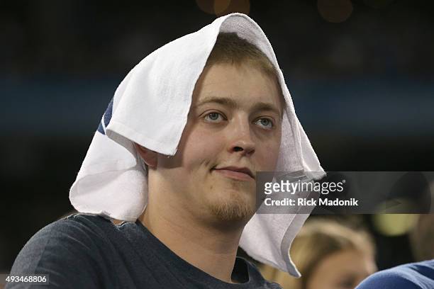 One Blue Jay fan used his rally towel as a head covering. Toronto Blue Jays V Kansas City Royals in Game 4 of the American League Championship Series...