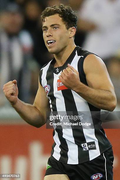 Jarryd Blair of the Magpies celebrates a goal during the round 10 AFL match between the Collingwood Magpies and West Coast Eagles at Melbourne...