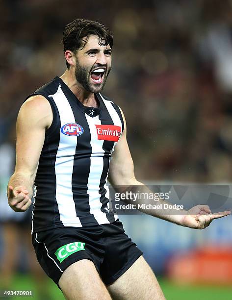 Alex Fasolo of the Magpies celebrates a goal during the round 10 AFL match between the Collingwood Magpies and West Coast Eagles at Melbourne Cricket...