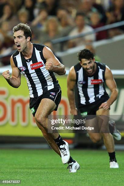 Steele Sidebottom of the Magpies celebrates a goal during the round 10 AFL match between the Collingwood Magpies and West Coast Eagles at Melbourne...