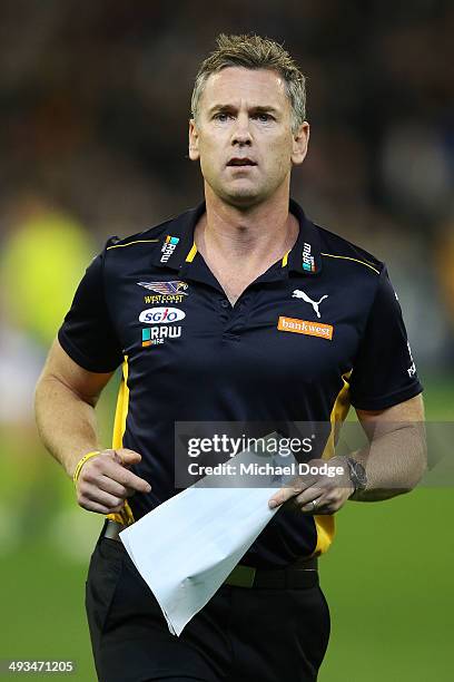 Eagles coach Adam Simpson look ahead during the round 10 AFL match between the Collingwood Magpies and West Coast Eagles at Melbourne Cricket Ground...