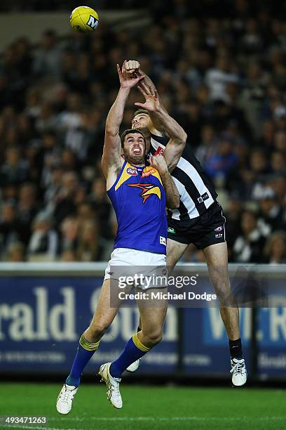 Jack Darling of the Eagles competes for the ball Alan Toovey of the Magpies during the round 10 AFL match between the Collingwood Magpies and West...